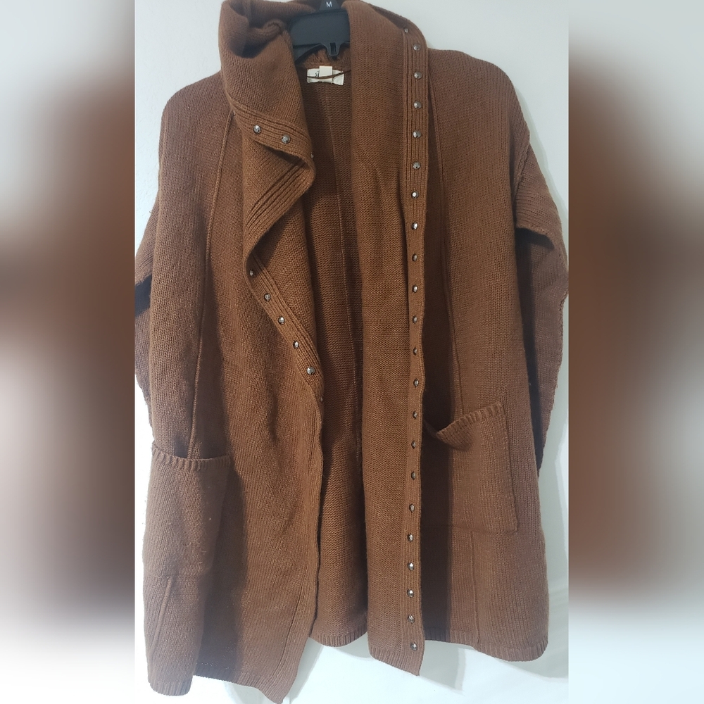 Western Brown Cardigan Open Front Beaded Trim Hooded Petite Med Cozy Office